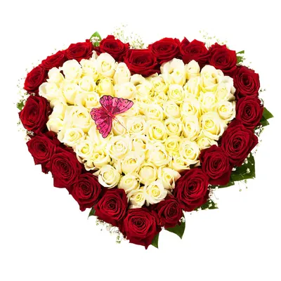 Букет в форме сердца из белых и красных роз