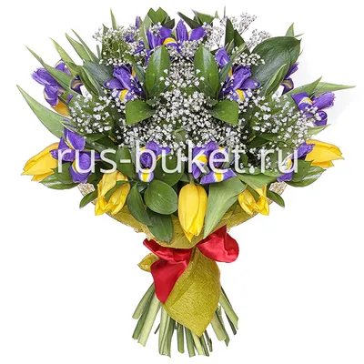 Букет «Яркое воспоминание Люкс (+30% цветов)» с ирисами, тюльпанами и  гипсофилами - купить в Брянске за 3 900 руб
