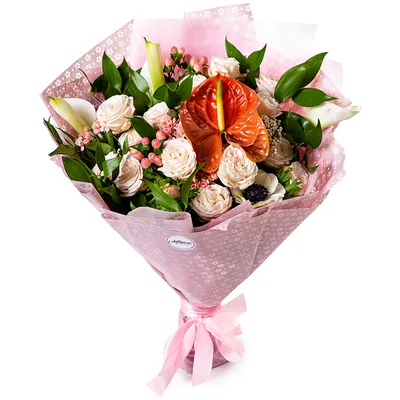 Букет с антуриумом, кустовыми розами и каллами - купить в Москве по цене  4490 р - Magic Flower