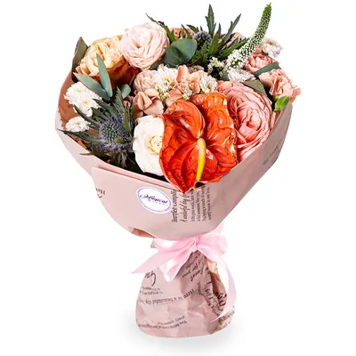 Букет с антуриумом, розами и гвоздиками - купить в Москве по цене 3190 р -  Magic Flower