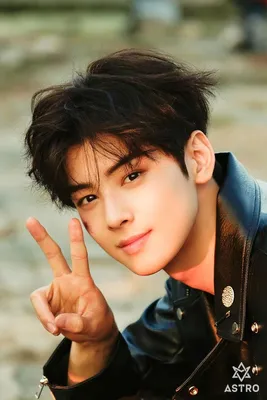 Фото Певец, модель и актер Cha Eun Woo / Ча Ын У показывает жест V,  участник k-pop группы Astro, Южная Корея