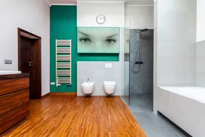 Просторная ванная комната в тонах бирюзового цвета, с раковиной шевронного  ванны: террористы взорвали паркетного пола автономных д Иллюстрация штока -  иллюстрации насчитывающей минимализм, никто: 170488703