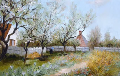 Обои пейзаж, дом, картина, двор, Марсель Диф, Весенний сад картинки на рабочий  стол, раздел живопись - скачать