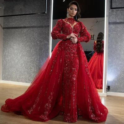 Блестящее красное вечернее платье для свадьбы 2021, вечерние платья с  бусинами для вечеринок, официальное платье, Тюлевое Съемное платье со  шлейфом - купить по выгодной цене | AliExpress