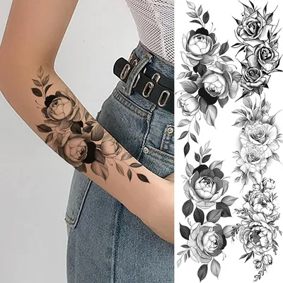Временные татуировки 3D на предплечье для женщин, искусственная татуировка  с цветком черной розы, пиона для взрослых и девушек, водонепроницаемый  боди-арт, тату-наклейки | AliExpress