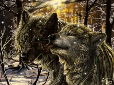 Волк и волчица в зимнем холодном лесу | Обои для телефона