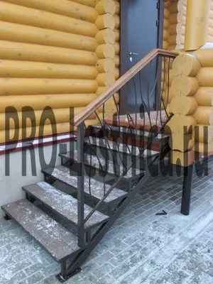 Металлическая входная лестница в частный дом на металлокаркасе
