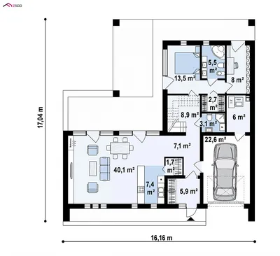 Проект современного Г-образного дома с большими террасами S3-290 (Z453).  Фото, планы и цены