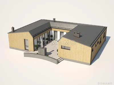 Проект современного кирпичного дома П-образной формы с патио D1149 |  Каталог проектов Домамо