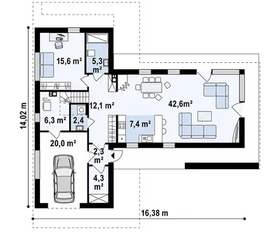 Первый этаж 92,8 / 121,4 м² дома Zx70 | Проект современного дома,  Современные дома, Проект дома