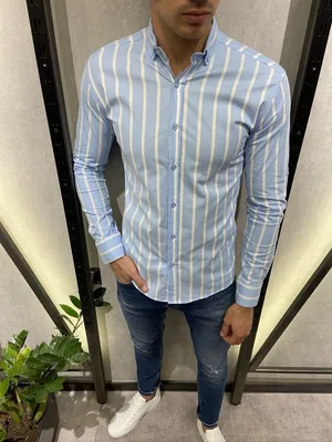 Рубашка мужская голубая в вертикальную полоску Турция, мужские турецкие  рубашки (хлопок) S M L XL XXL, цена 725 грн — Prom.ua (ID#1265824137)