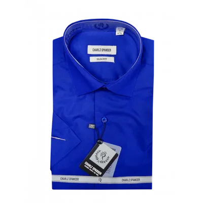 Мужская рубашка ярко-синего цвета с коротким рукавом в интернет-магазине