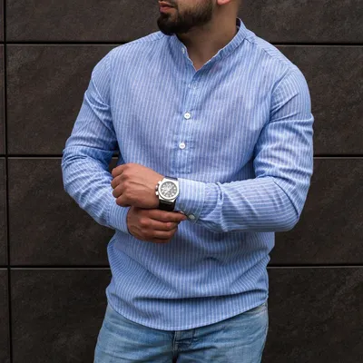 Мужская голубая плосочку рубашка из льна с длинным рукавом S M L XL XXL:  продажа, цена в Харькове. Мужские рубашки от \"Удача-интернет магазин обуви  и одежды до 98 размера\" - 1221437388