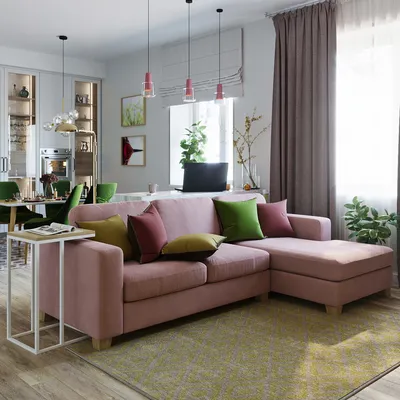 Интерьер кухни-гостиной с розовым угловым диваном Morti — фабрика  современной дизайнерской мебели SKDESIGN