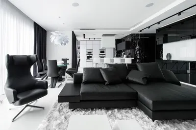 Чёрно белый интерьер гостиной - 52 фото