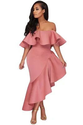 Розовое вечернее платье со спущенными рукавами-оборкой и асимметричной  юбкой с воланом арт. 59075 | интернет-магазин VitoRicci