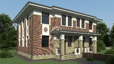 Проект двухэтажного дома из кирпича с террасой- V10-93