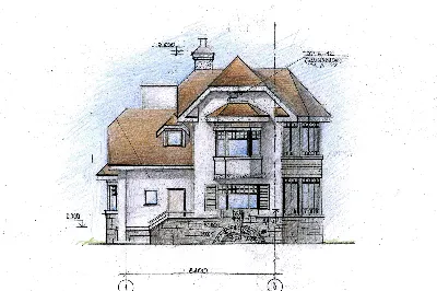 Проект двухэтажного дома из кирпича в стиле барокко с подвалом и верандой,  с размерами 8 м