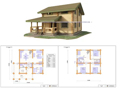 Дом 8 х 8 м с террасой, проект деревянного дома из бревна под строительство