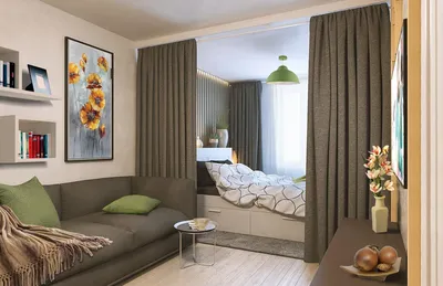 Диван и кровать в однокомнатной квартире фото