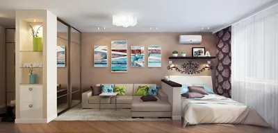 Интерьер комнаты в однокомнатной квартире с кроватью, примеры дизайна с  двуспальной кроватью