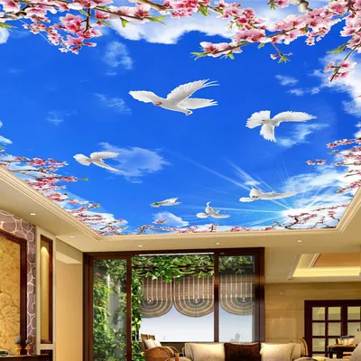 Купить Фото обои потолок 3D голубое небо белые облака цветочные ветки белые  голуби большая настенная живопись украшение гостиной | Joom