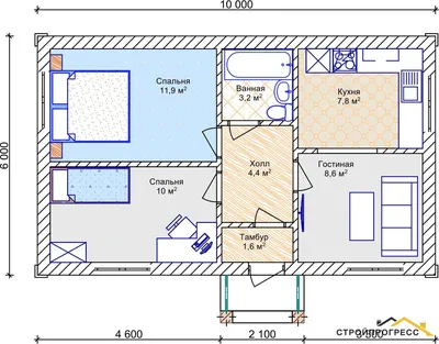 Проект одноэтажного дома 6 на 10 м, до 60 кв.м. S-103