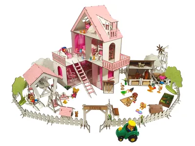 Домик для кукол Солнечная Дача с Фермой, Двориком, мебелью и текстилем