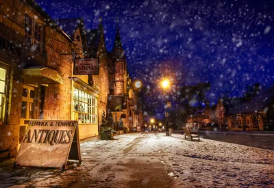 Картинка Зима Снег улице Ночь Дома Города