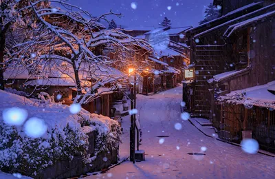 Фото Киото Япония зимние улице снеге Ночь Уличные фонари Дома Города
