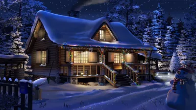 Пазл домик в лесу и огни (зима, лес, снеговик, дом, новый год) - разгадать  онлайн из раздела \"Природа\" бесплатно