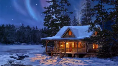 Картинка зима, лес, домик, ночь, снег, звезды, северное сияние, деревья  1920x1080 скачать обои на рабочий стол бесплатно, фото 87407