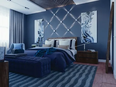 Синий интерьер спальни - 74 фото