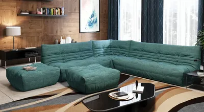 Зеленый диван в интерьере кухни гостиной - 76 фото