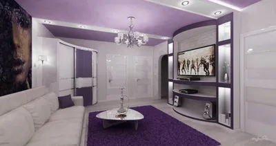 Интерьер гостиной с фиолетовым потолком (34 фото)