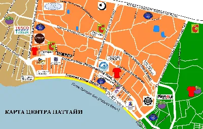 Подробная карта Паттайи (Тайланд) с отелями и пляжами