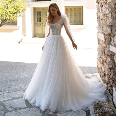 Классические свадебные платья в стиле бохо с аппликацией сердечком 2022,  плиссированное Тюлевое ТРАПЕЦИЕВИДНОЕ свадебное платье с открытыми плечами  - купить по выгодной цене | AliExpress