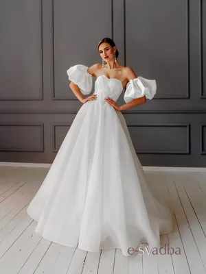 Стильное свадебное платье с открытым корсетом, драпировка, короткие съемные  рукава, без шлейфа – салон свадебной моды E-svadba
