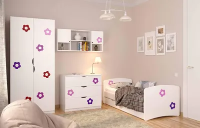 Белая мебель для детской комнаты Цветочки. Фасады МДФ