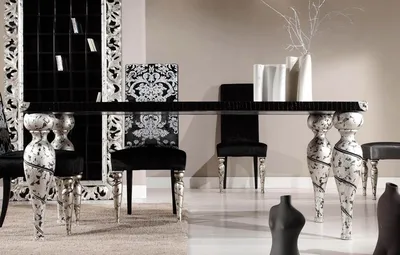 Обои белый, дизайн, стиль, стол, комната, черно-белый, черный, стулья,  интерьер, серебряный, кухня картинки на рабочий стол, раздел интерьер -  скачать