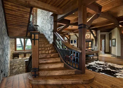 Лестница в интерьере деревянного дома - 70 фото