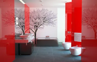 Белая ванная комната - черно-белый дизайн, красно-белые тона, белая мебель