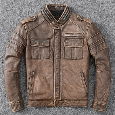 Мужская куртка из натуральной кожи, мотоциклетная кожаная одежда в  винтажном стиле, куртка из бычьей кожи - купить по выгодной цене |  AliExpress