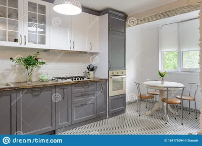 Современная серо-белая деревянная кухня Стоковое Фото - изображение  насчитывающей домоец, конструкция: 164172094