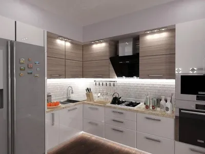 Встроенная угловая кухня Белый глянец - Светлое дерево | Кухни из пластика.  Купить в Минске недорого