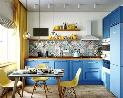 Кухня с голубыми обоями - 72 фото