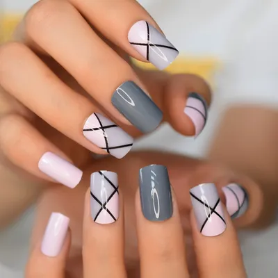 Сетчатый розовый серый черный смешанный простой дизайн ногтей полное  покрытие нажимные накладные ногти маникюр акриловые квадратные средние  ногти - купить по выгодной цене | AliExpress