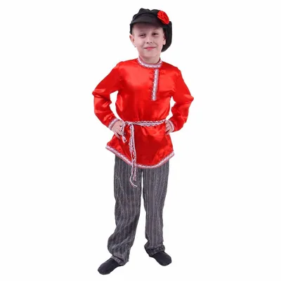 Русский народный костюм для мальчика, красная рубашка, штаны, фуражка,  обхват груди 60 см, рост 110 см