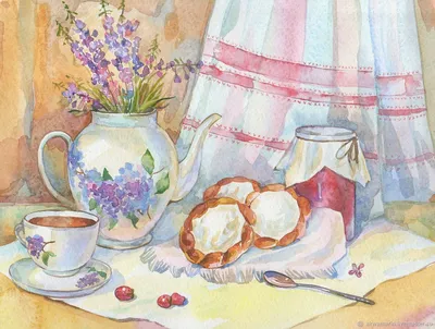 Натюрморт на кухню \"Чай с ватрушками\" картина акварелью – купить на Ярмарке  Мастеров – I3YA5RU | Картины, Богатое