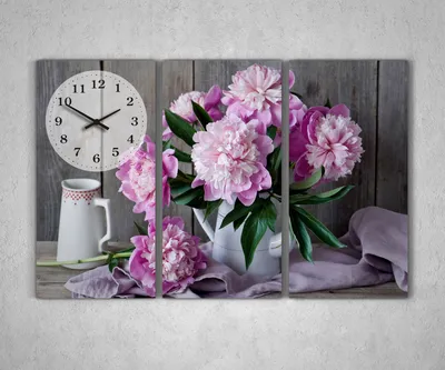 ᐉ Картина модульная для кухни Розовые цветы пионы Натюрморт 3 модуля с  часами 90х60 см